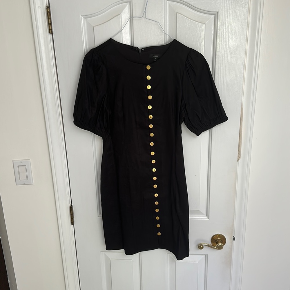 J.Crew Black linen dress, puff sleeves and gold buttons